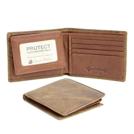 Open Osgoode Marley distressed RFID passcase brown wallet with multiple credit card slots and RFID protection information displayed.