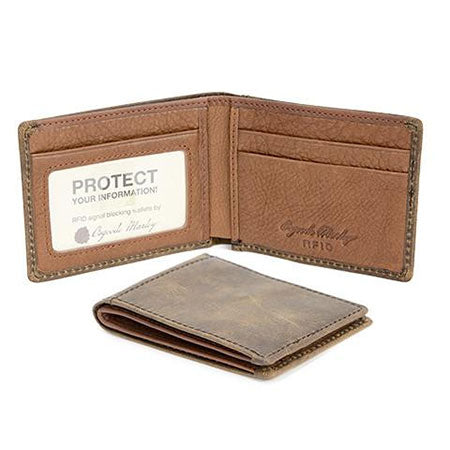 An open brown Osgoode Marley Distressed RFID Ultra Thin Trifold wallet made from genuine cowhide leather with RFID signal blocking protection feature displayed.