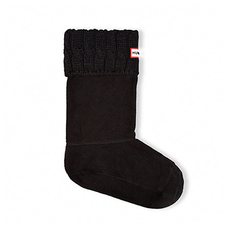 A single black thermal women&#39;s boot sock with a knitted cuff, like the HUNTER 6 STITCH CABLE SHORT SOCK BLACK from Hunter.