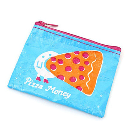 A BLUE Q change purse made of recycled material with a pizza slice illustration and the words "pizza money" written on it.