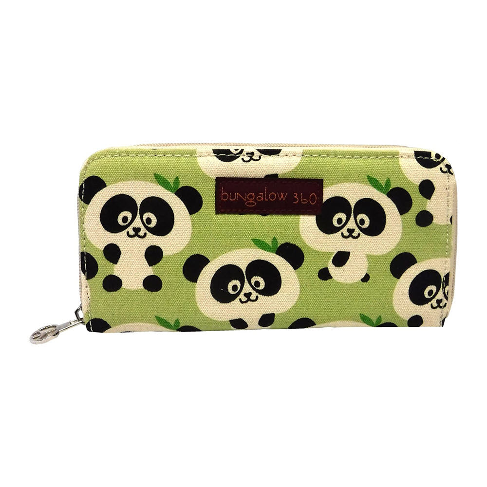A green and white Bungalow 360 zip around wallet pandas featuring a pattern of cartoon pandas and leaves, with the text &quot;bungalow 360&quot; printed on it, crafted from cotton canvas.
