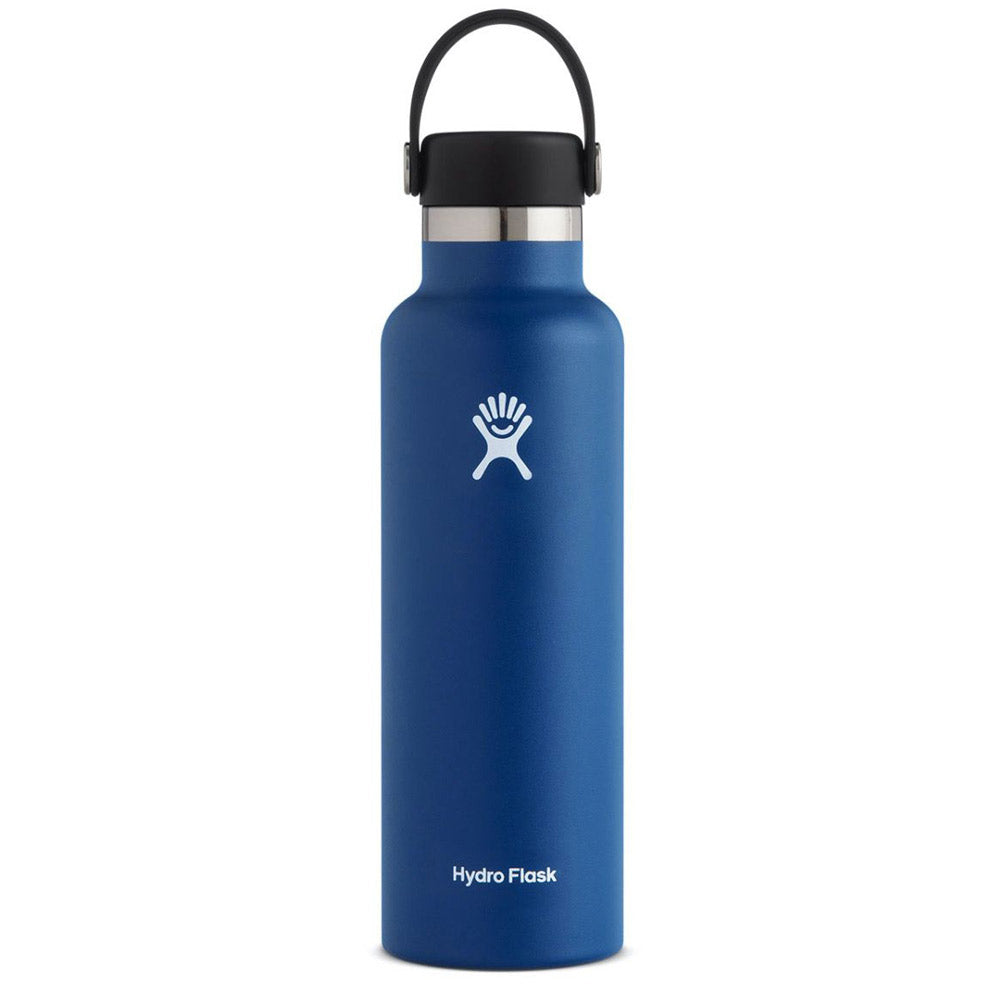 Hydro Flask 21 oz standard mouth cobalt, vacuum insulated water bottle with logo.