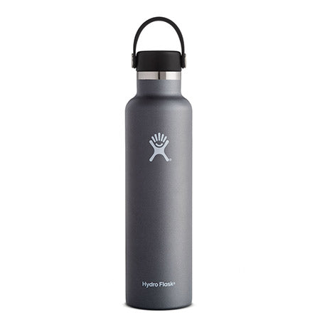 Insulated stainless steel water bottle with a gray finish and a Hydro Flask 24 oz standard mouth graphite logo on the front, featuring TempShield insulation.