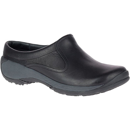 Black Merrell Encore Q2 Slide leather women&#39;s slide shoe with a low heel, rubber sole, and enhanced arch support.