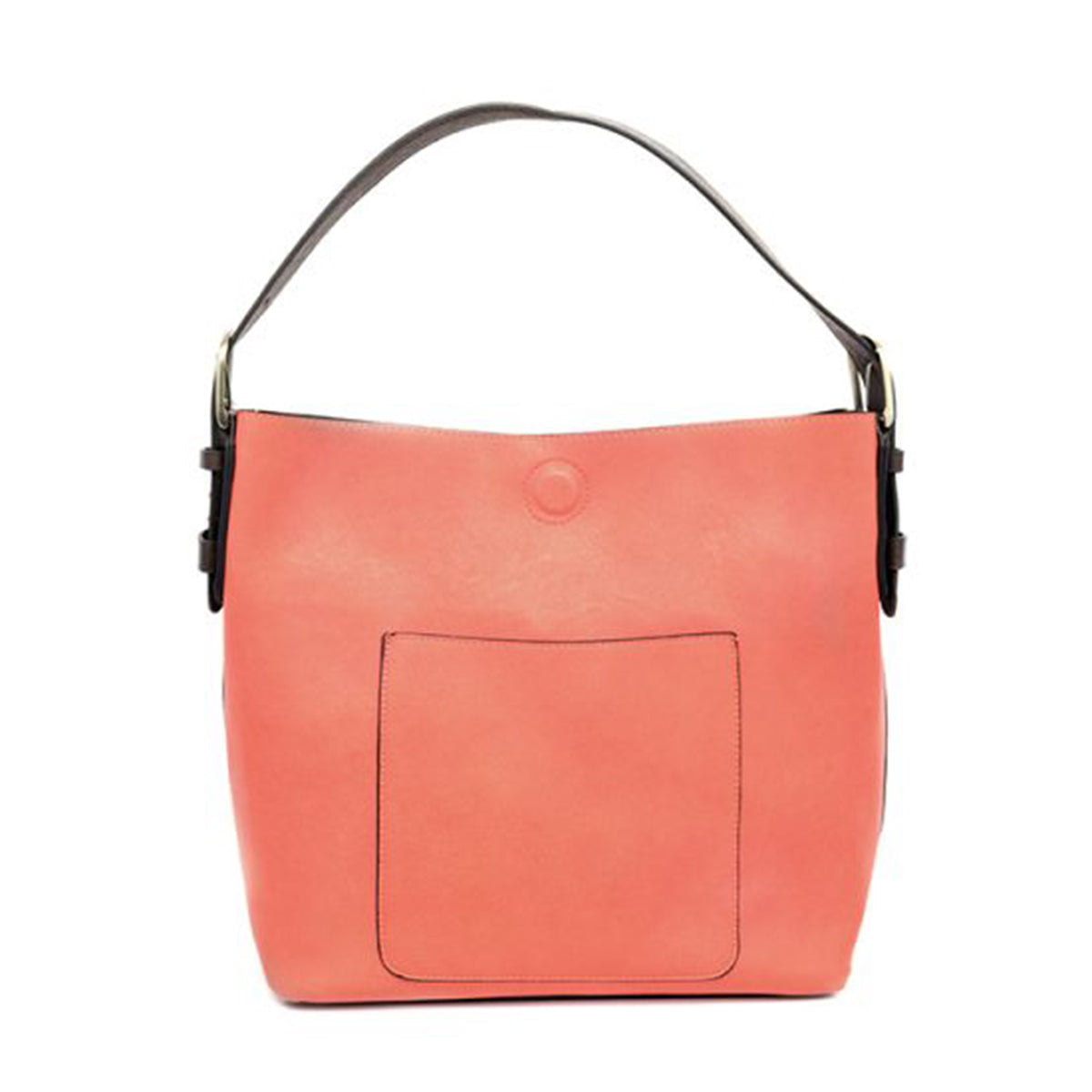 Joy Susan coral-colored vegan leather hobo handbag with a front pocket and black strap.