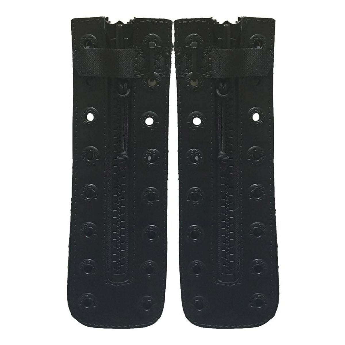 A pair of black leather KEEN BOOT ZIP KIT weightlifting belt pieces with holes and YKK zipper for fastening.