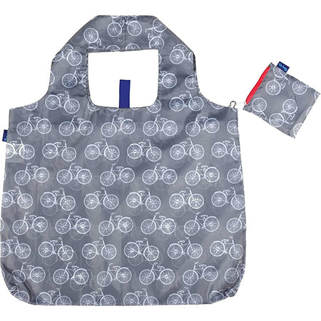 Foldable reusable shopping bag with a bicycle print pattern for Ocean Conservancy: Rockflowerpaper Blue Bag Summer Bikes Grey