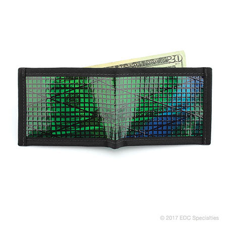 Flowfold Vanguard Billfold Green wallet with holographic design containing a twenty-dollar bill.