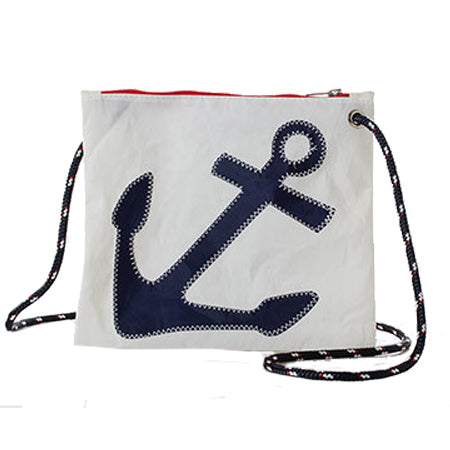 Sea Bags crossbody bag slim navy anchor with a knotted dock line strap.