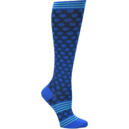 Comfortiva blue and black patterned knee-high graduated compression sock.