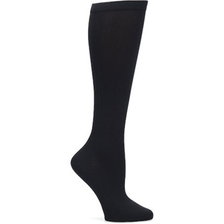 A single Comfortiva black knee-high graduated compression sock displayed against a white background.