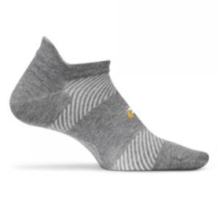 A single gray Feetures High Performance Ultra Light No Show Tab sock with stripe detail and a small emblem on the side.