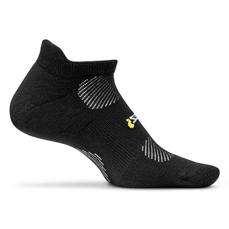 A single Feetures black, high performance no show athletic sock with a small logo on the ankle.