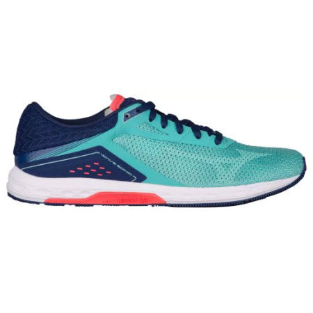 A side view of a blue and teal Mizuno Wave Sonic Turquoise/Yucca running shoe with a white sole and red detailing, featuring lightweight racer design and Wave technology.
