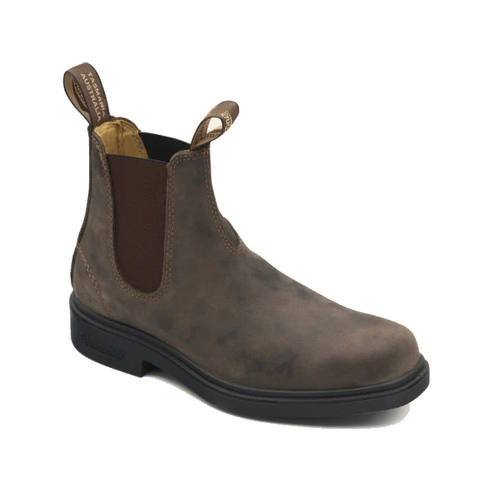 Blundstone rustic brown leather chelsea boot with a black sole, pull tabs, and chisel toe.