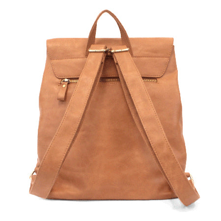 Joy Susan Colette Backpack in bourbon faux leather with zipper closures on a white background.