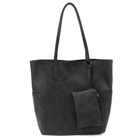 Joy Susan Bella Tote Black bag with external pocket and zipper, featuring a removable coin purse.