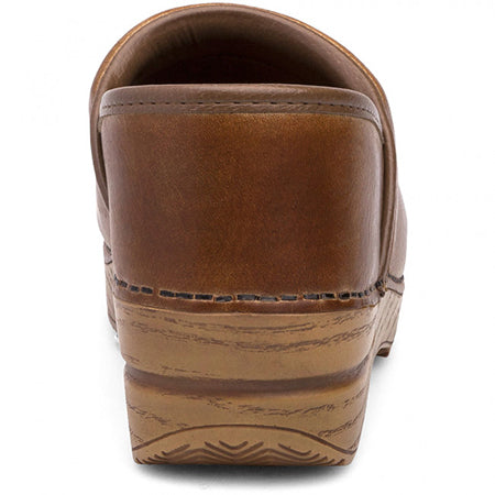 Brown full-grain leather loafer viewed from the back showing the heel detail, Dansko Professional Honey Distressed - Womens.