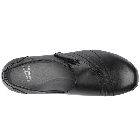 Black leather Dansko Franny Milled Nappa clog-style shoe with a removable cushioned footbed on a white background.