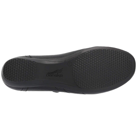 Dansko Franny milled nappa black shoe sole with textured grip design and removable cushioned footbed, brand logo visible.
