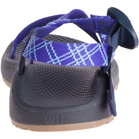 A pair of women&#39;s Chaco Z/Cloud Pursuit Royal 325126 sandals with blue straps and a pattern, showcasing the back view.