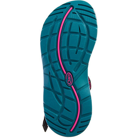 Tread pattern of a turquoise and pink-soled Chaco Z/Cloud X2 Remix sports shoe. -&gt; Tread pattern of the CHACO Z/CLOUD X2 REMIX SQUARED MAGENTA - WOMENS sports shoe by Chaco.