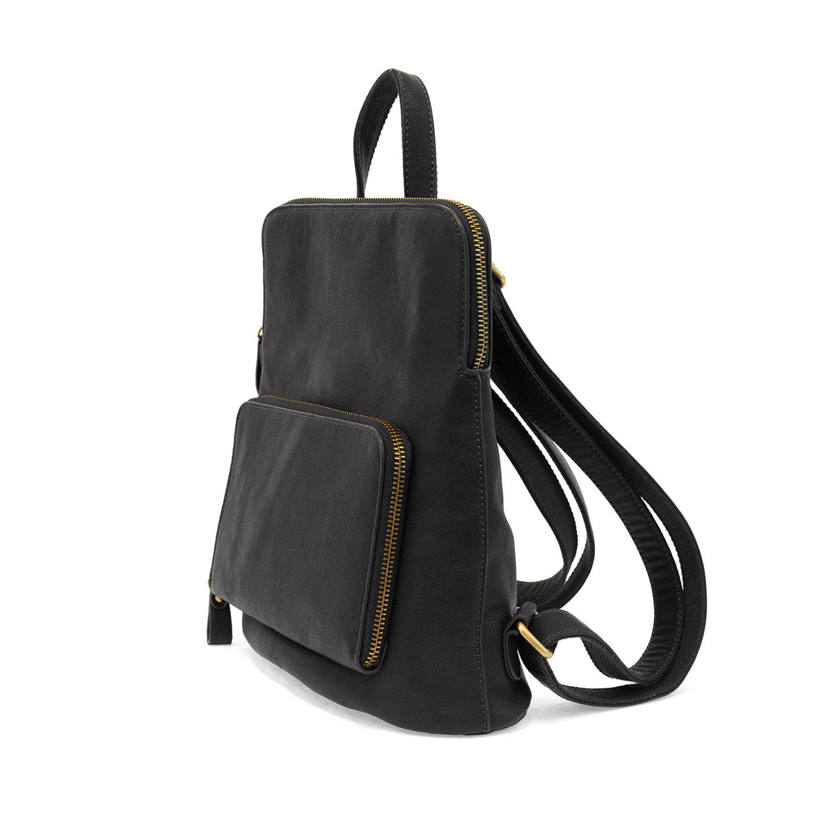 Joy Susan Julia Mini Backpack Black with gold-tone zippers, isolated on a white background.
