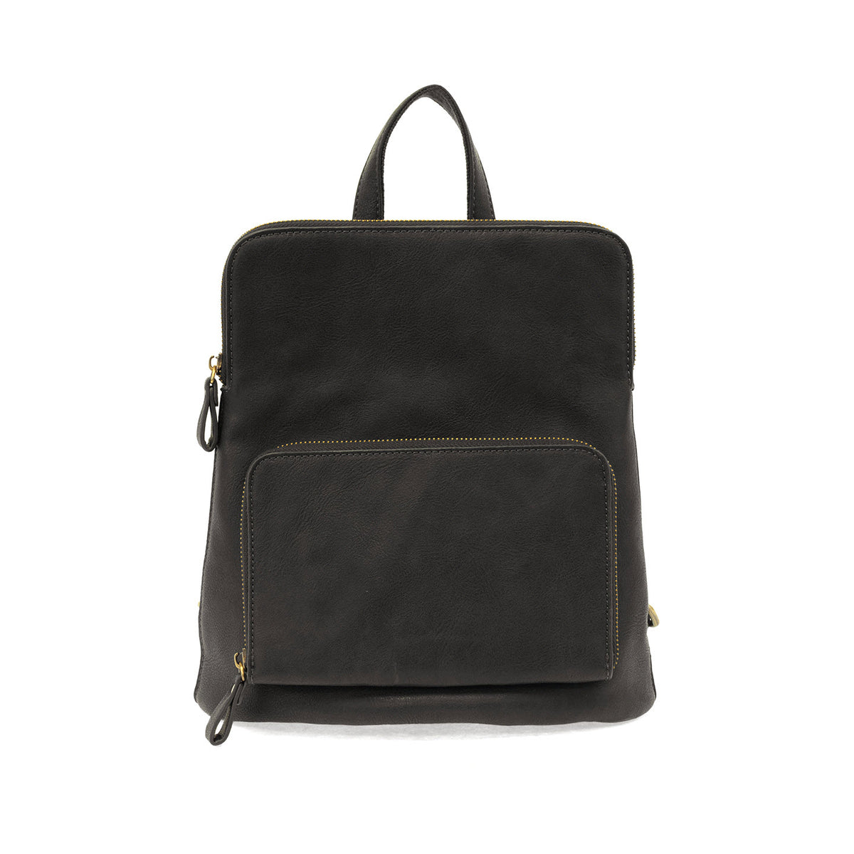 Joy Susan Julia Mini Backpack in Black faux leather with front zip pocket, isolated on a white background.