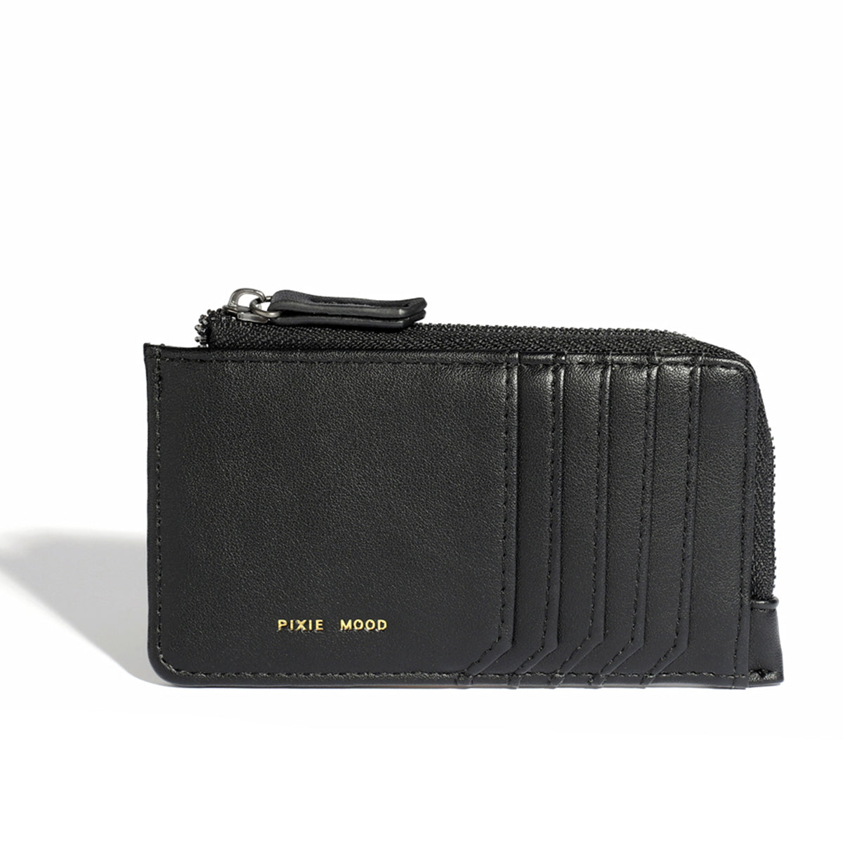 Pixie Mood Quinn Card Case Black wallet with multiple slots displayed on a white background.
