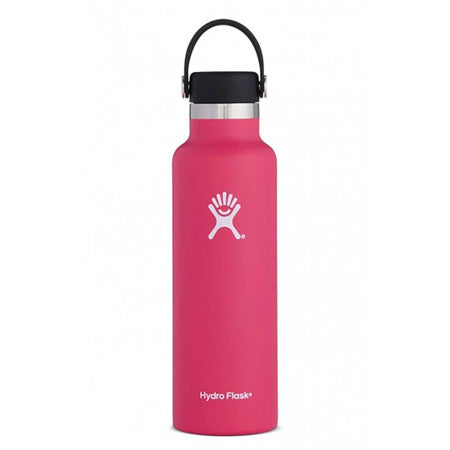 A pink Hydro Flask 21 oz watermelon water bottle with a black cap, white logo, and TempShieldTM double-wall insulation.