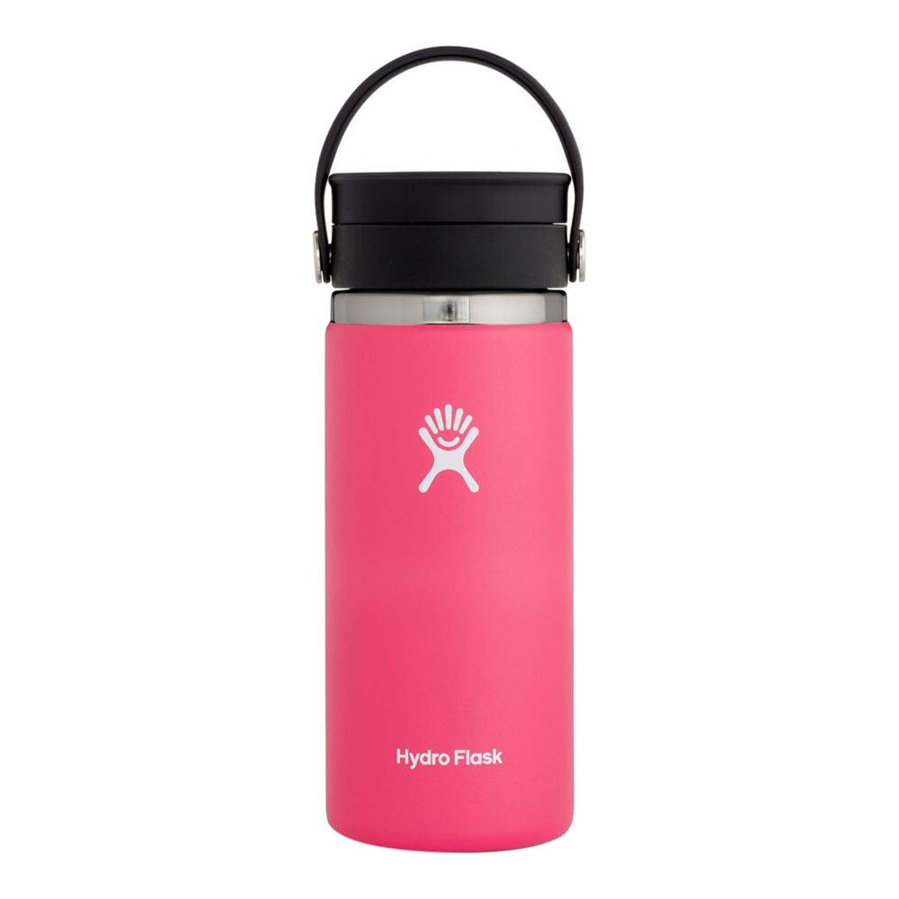Pink Hydro Flask 16 oz Wide Mouth Watermelon insulated water bottle with a TempShield, black lid, and handle.