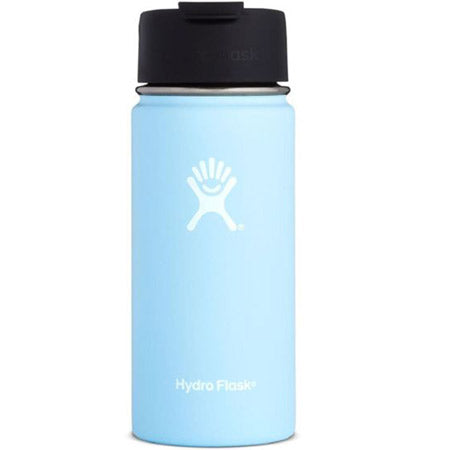 Blue Hydro Flask 16 oz wide mouth coffee frost water bottle with TempShield double-wall vacuum insulation and logo.