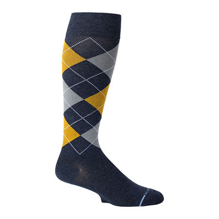 Graduated compression DR MOTION COMPRESSION SOCK DENIM ARGYLE in navy, gray, and yellow colors.
