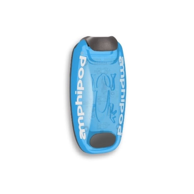 Amphipod blue handheld running water bottle with black cap, grip, and AmphiPod Strobe LED clip light.