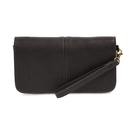 Joy Susan black vegan leather wristlet purse on a white background.