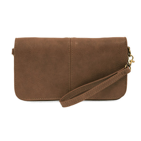 Joy Susan Mia brown vegan leather crossbody clutch with wrist strap.