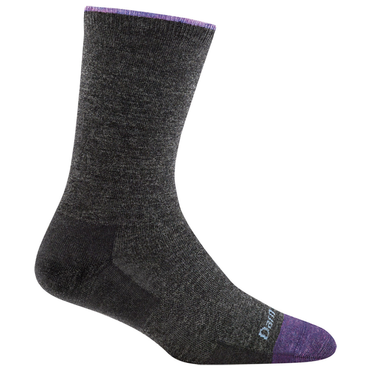 A single Darn Tough Solid Basic Crew Socks Charcoal - Womens with purple trim on a white background.