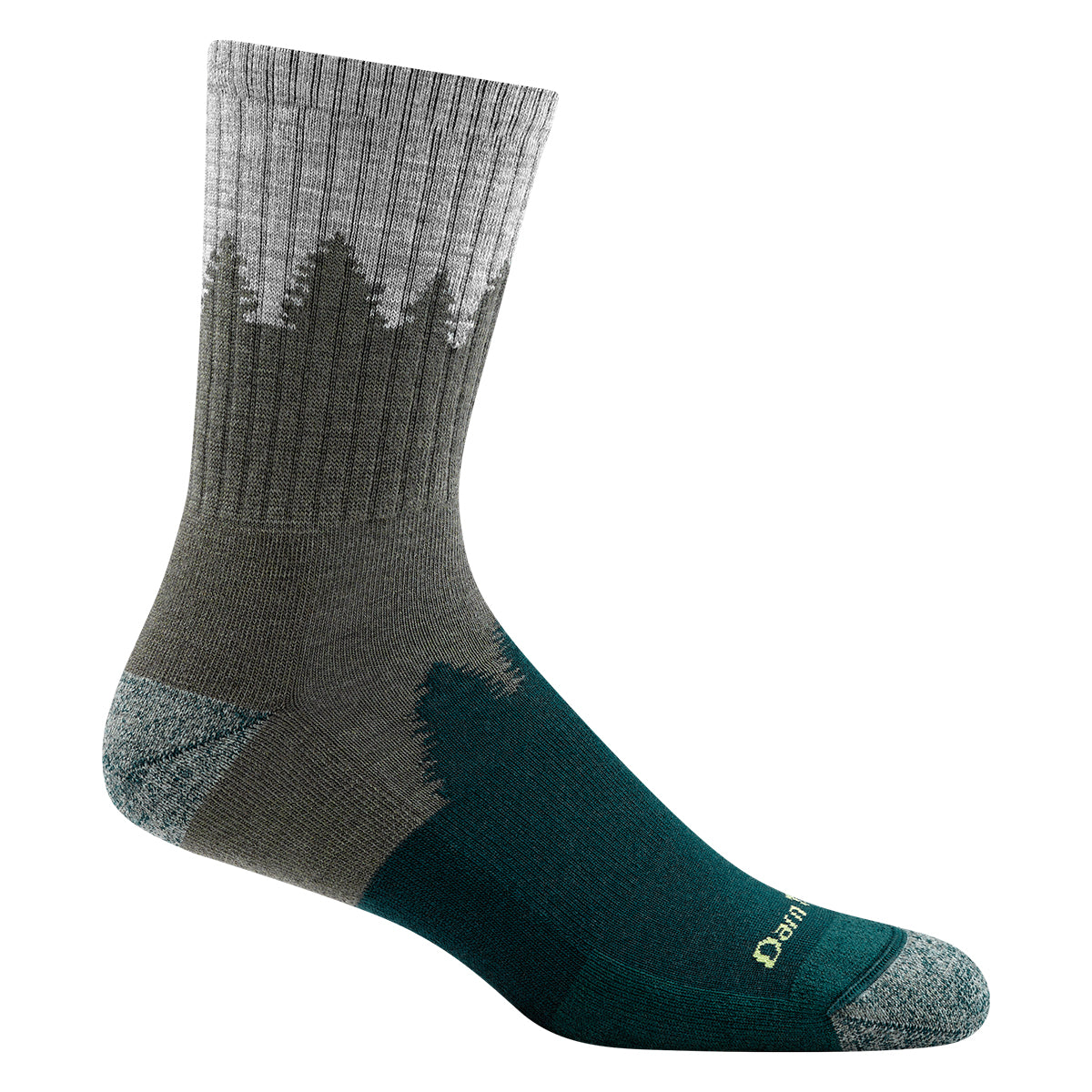 A single gray and teal Darn Tough Number 2 Green Crew men's hiking sock made of merino wool displayed against a white background.