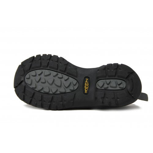 Durable sole of a hiking shoe with tread pattern and Keen Kaci Winter Black/Magnet - Womens logo.