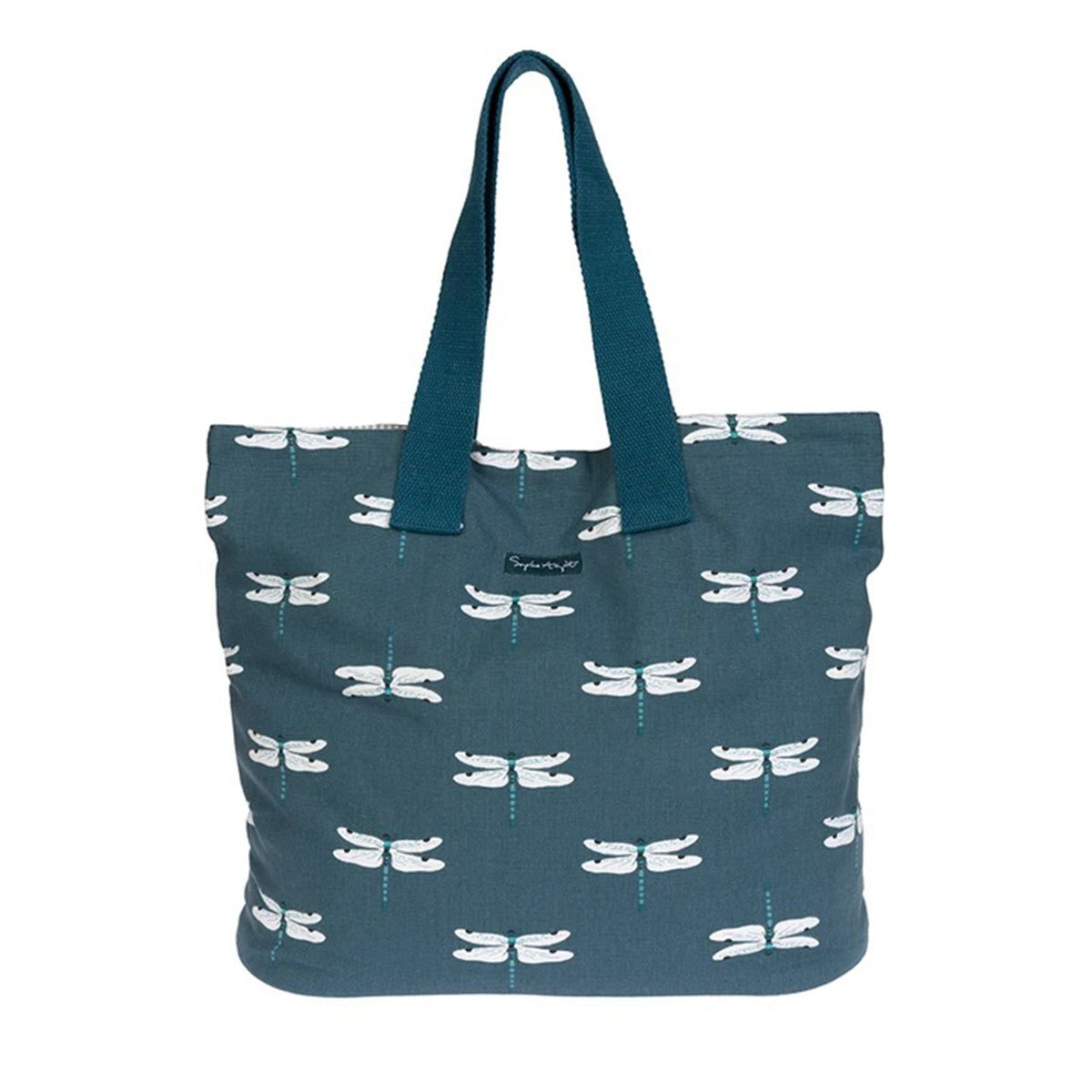 A blue cotton tote with a Sophie Allport Everyday Bag Dragonfly pattern.