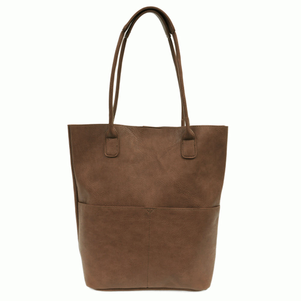 Brown leather Joy Susan Kelly NS front pocket tote on a white background.