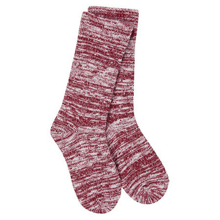 A pair of Worlds Softest Weekend Slub Crew Bikini women's crew length red and white marled socks.