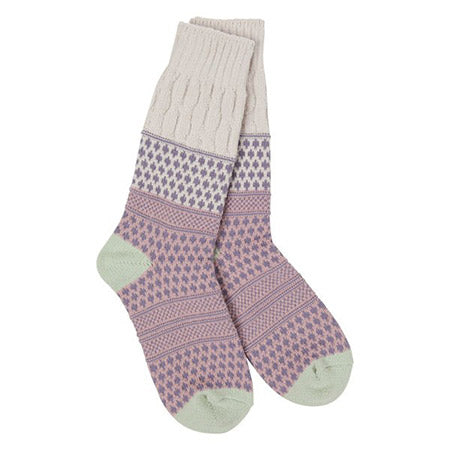A pair of Worlds Softest patterned knit socks with pastel colors and textured crew socks design.