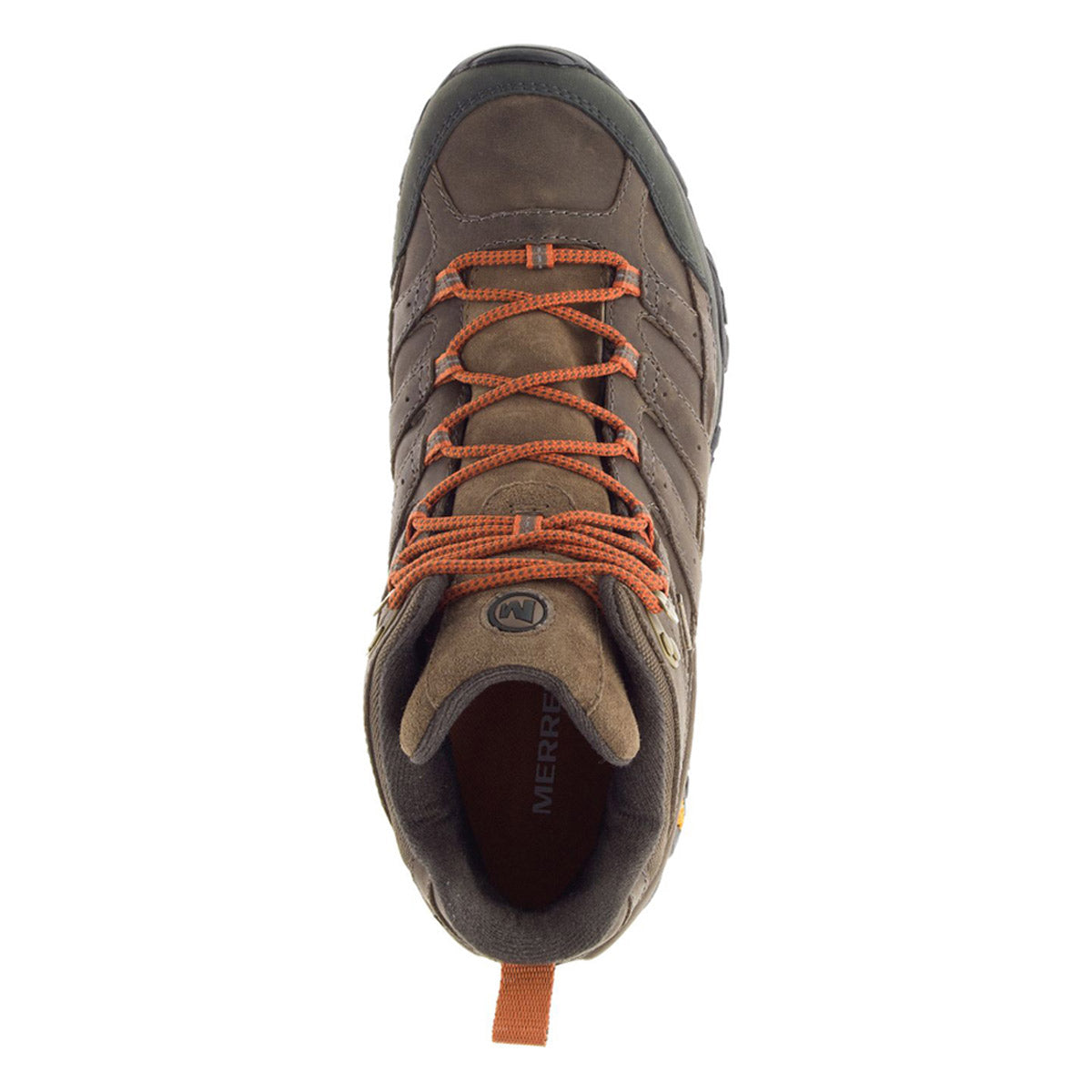 Top view of a single brown Merrell Moab 2 Prime Mid waterproof hiking shoe with orange laces.