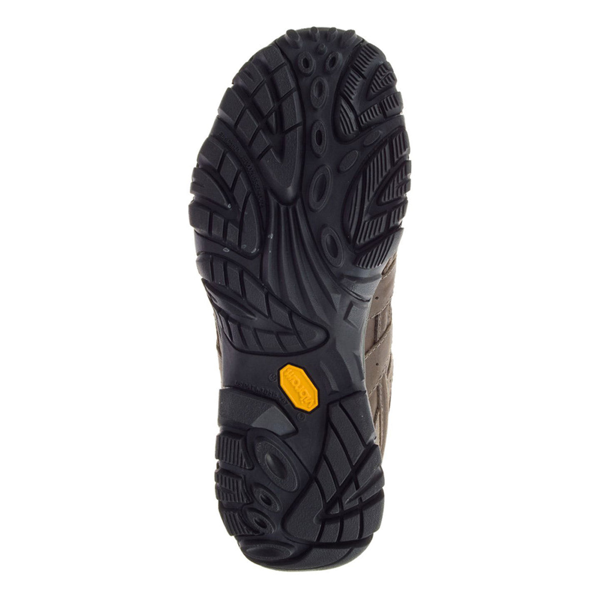 A photo showcasing the sole of a Merrell waterproof hiking shoe with a black Vibram TC5+ tread pattern and a small yellow logo.