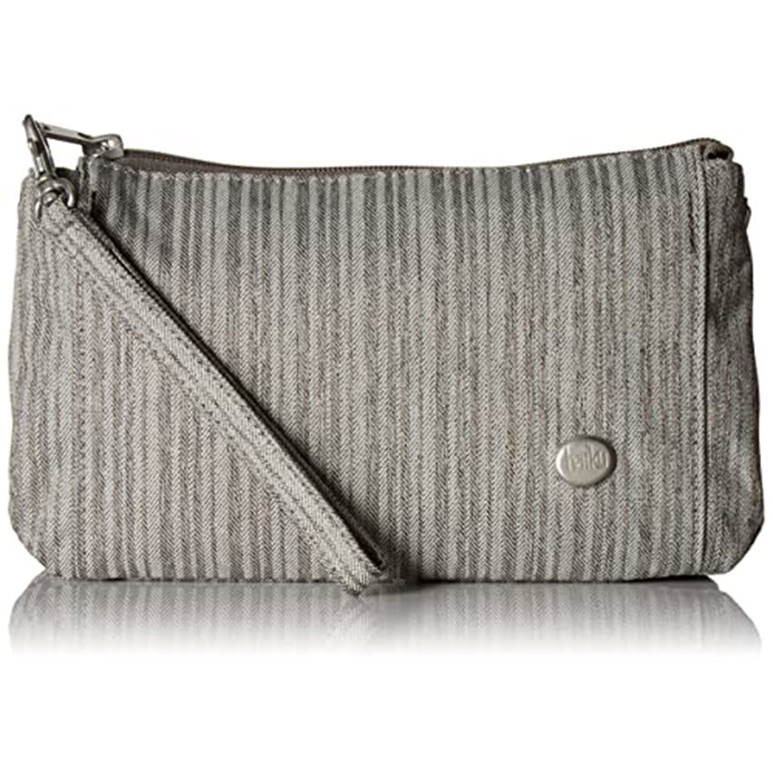 Gray fabric Haiku Stride wristlet with zipper closure, accordion-style compartments, and logo.