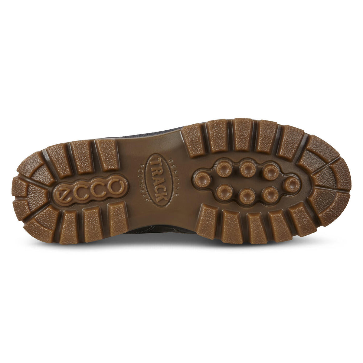 Sole of a brown Ecco Track 25 Primaloft Boot displaying tread pattern and brand logo.