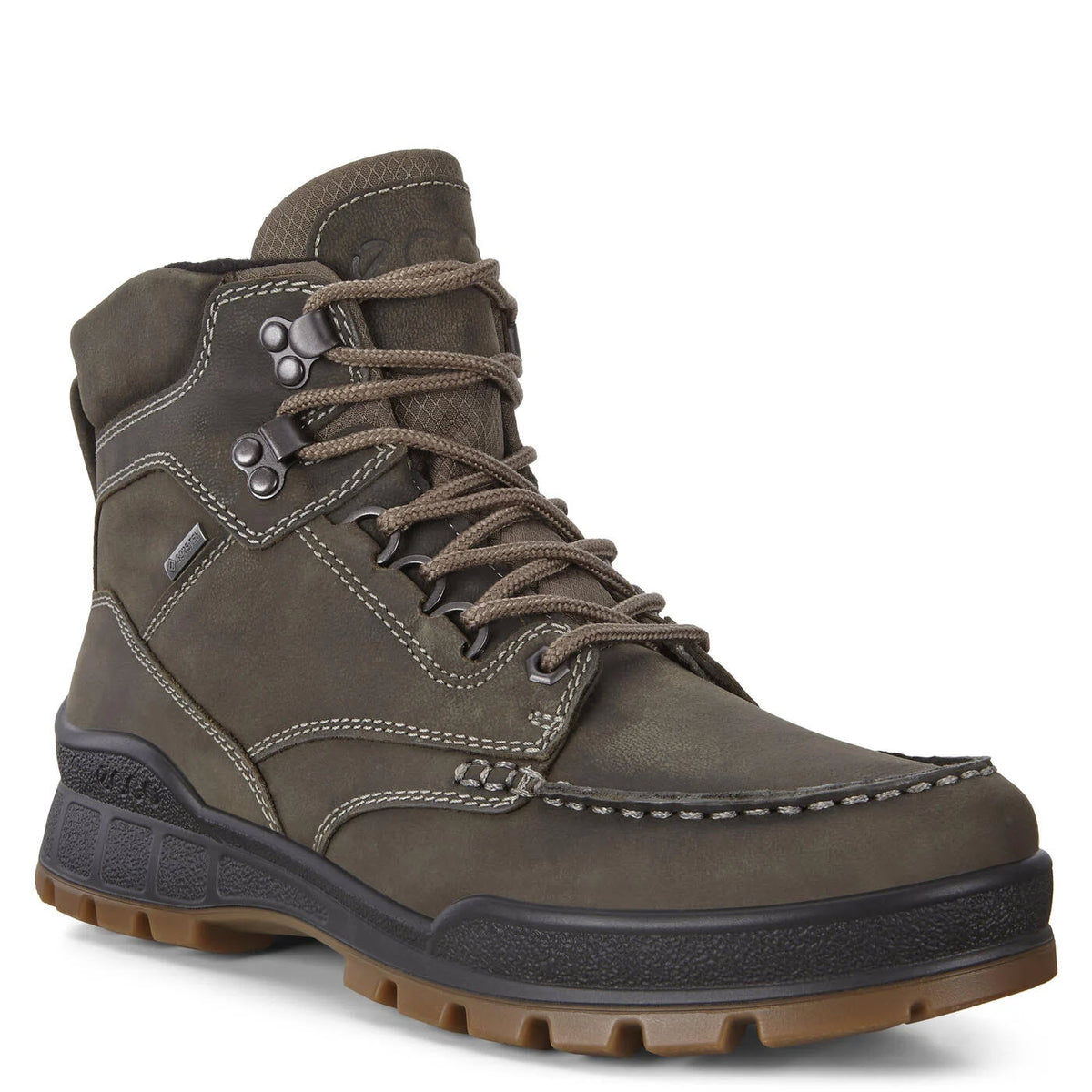 Men&#39;s brown Ecco TRACK 25 PRIMALOFT waterproof hiking boot isolated on a white background.