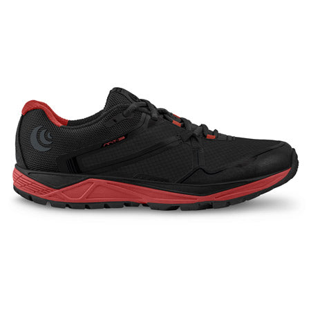 Black and red Topo MT 3 running shoe by Topo on a white background.