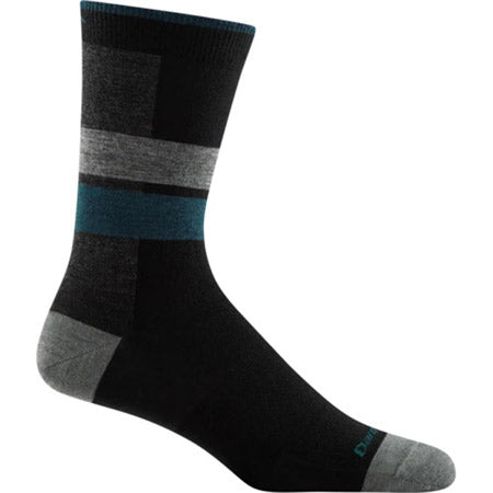 A single Darn Tough Eclipse Lightweight Crew Black 327737 merino wool sock with grey and blue horizontal stripes displayed against a white background.